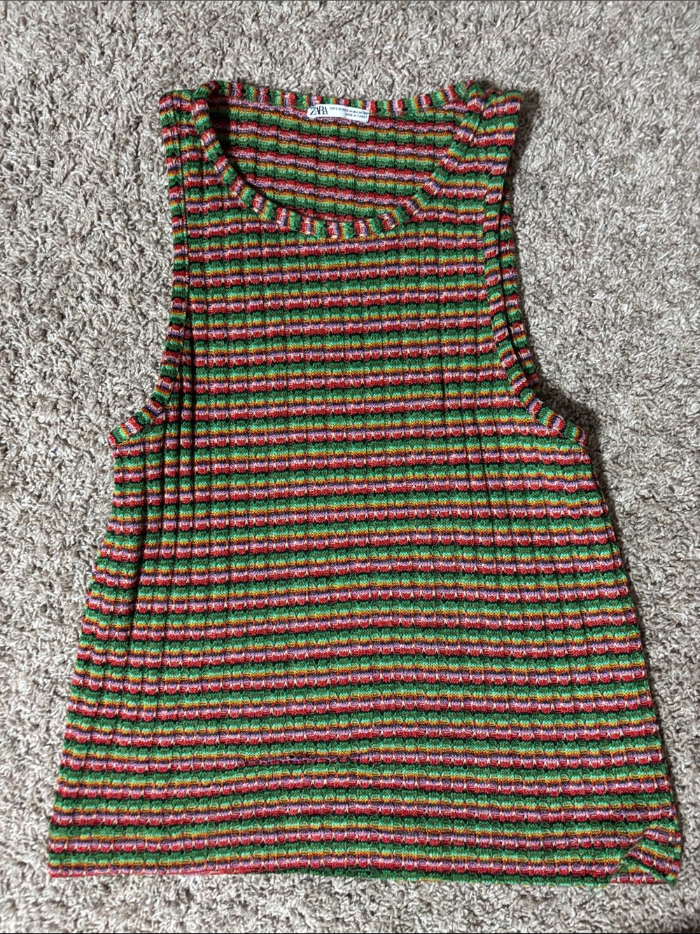 Zara Mens Sleeveless Ribbed Stripe Tank Top in Green, Red & Pink